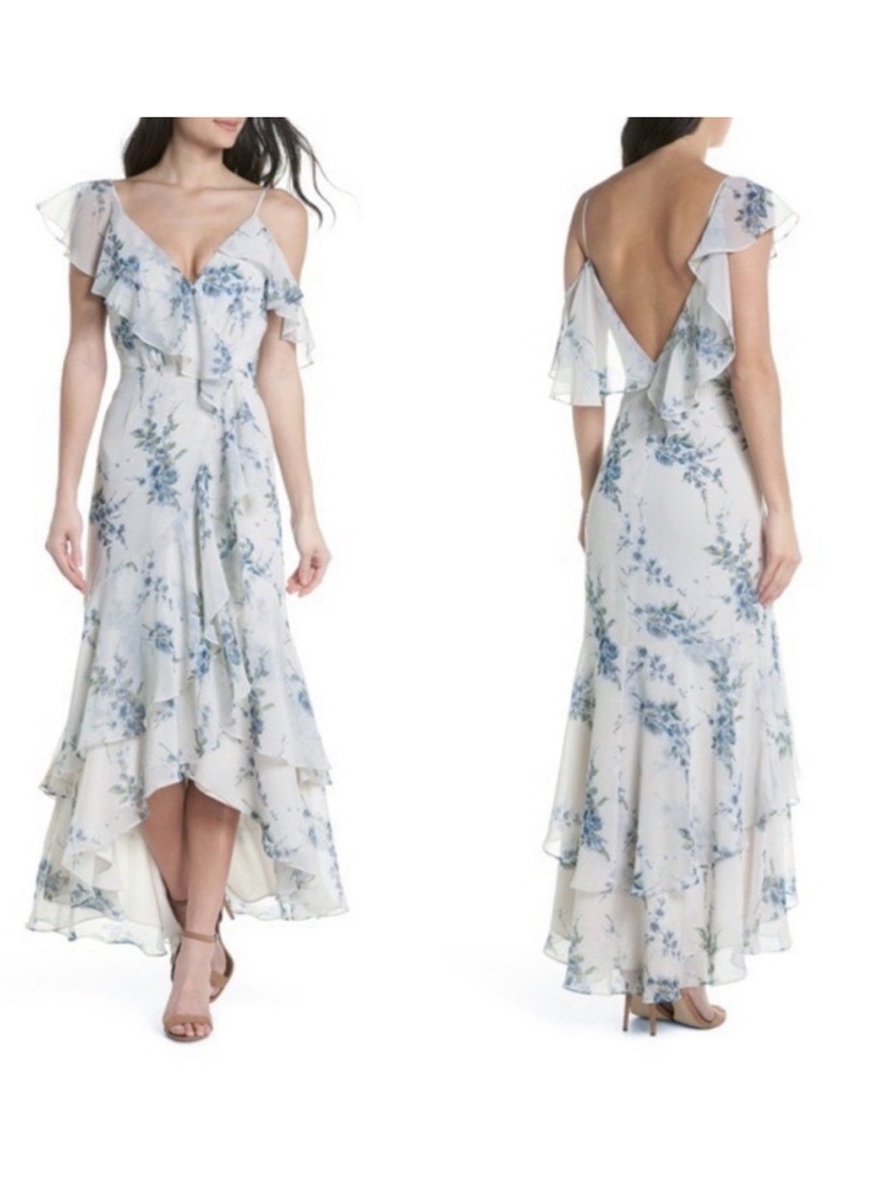 NWT Wayf Elanor Ruffle Faux Wrap Maxi Blue Garden Dress